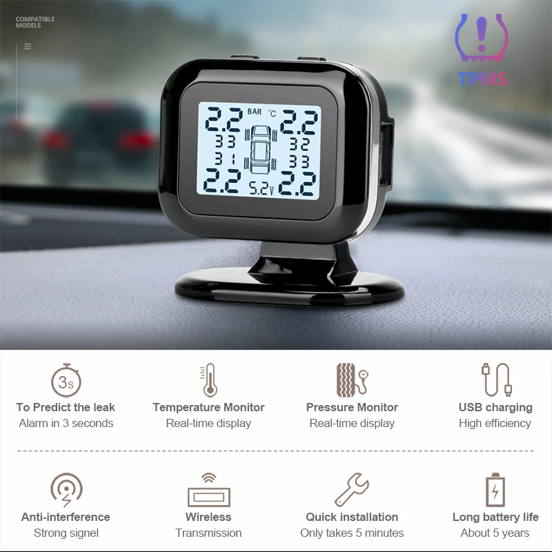  New Car TPMS 4 Tyres Wireless Tyre Pressure Monitoring System Auto Alarm HD Digital Display USB Int