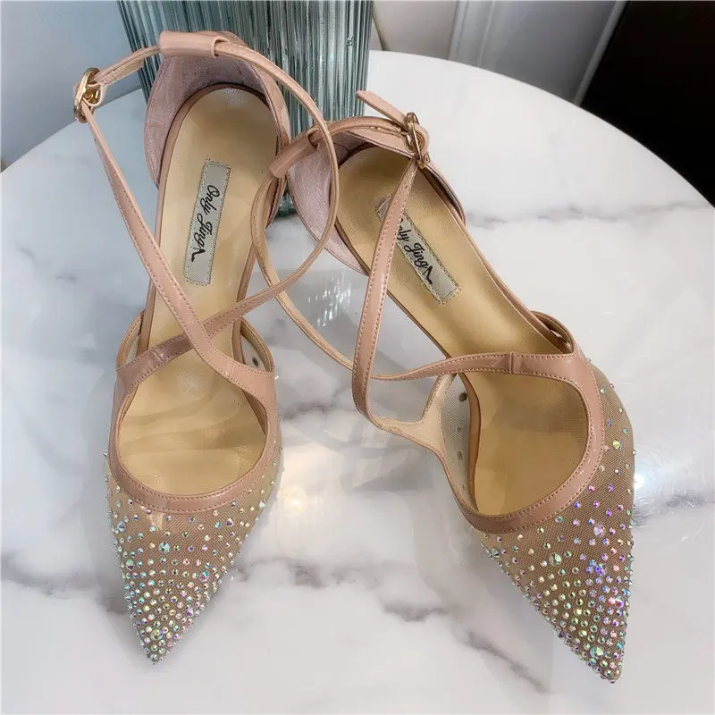 2021 new style fashion women pumps nude patent leather crystal Criss-Cross point toe high heels shoes party shoes image_1
