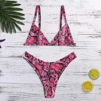 

Bikinis 2020 mujer Women Snake Skin High Cut V Neck Two Pieces Bikini Swimwear Swimsuit Beachwear Cover-ups Dropping Biquini