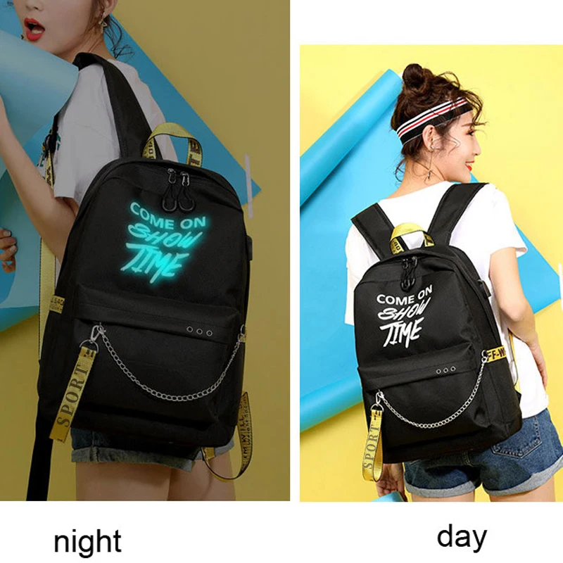 Светящийся USB зарядка женский рюкзак модная школьная сумка с буквами для девочек-подростков рюкзак с полосками Mochila Sac Dos Bookbag