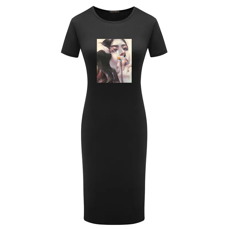 

Womens Oversize Bodycon Girl Print Dress Vestidos Sexy Summer Short Sleeve Casual Slim Pencil Tunic o Neck Package Hip Dresses