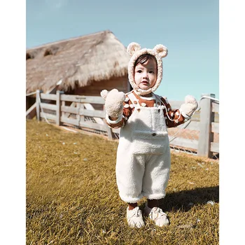 

2020 Children Autumn And Winter Plus Velvet Overalls Boys and Girls Pocket Bib