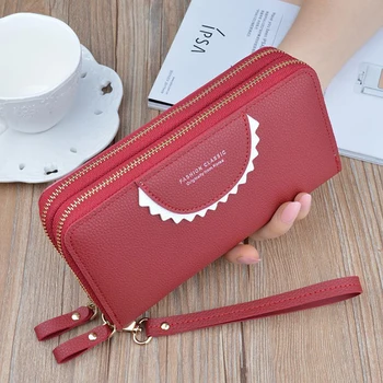 

2019 New Double Zipper Women's Wallet Ladies Long Mobile Phone Bag Double-layer Large Capacity Lychee Pattern Wallet Clutch Bag