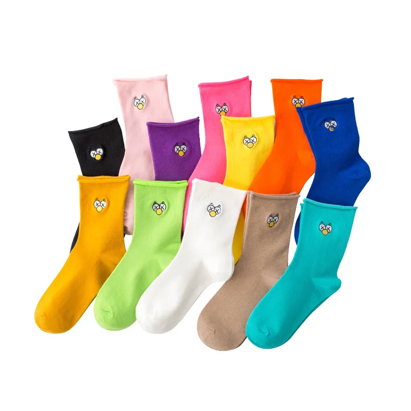 

Spring Summer Season Tall Tube Embroidery Sock Female Cotton Solid Color Crimping Soft Comfortable Breathable