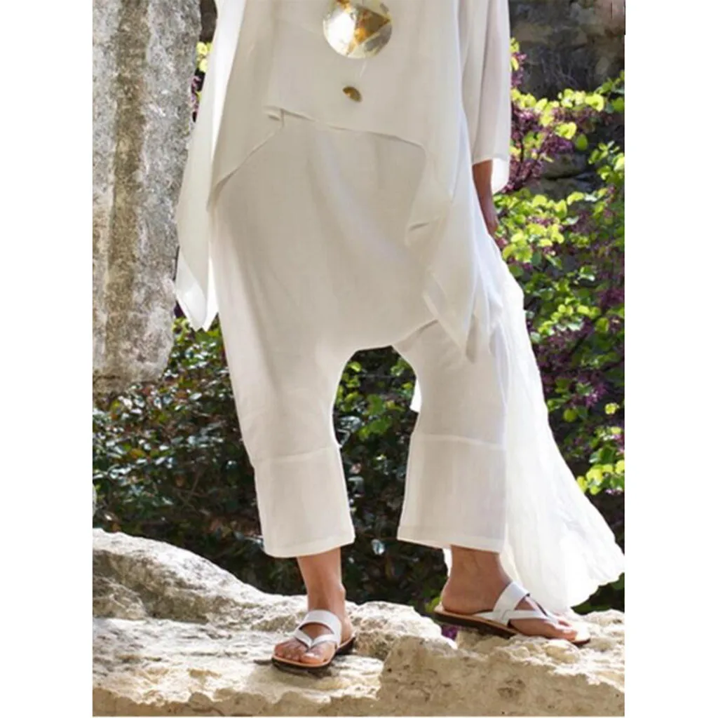 

Pantalon Femme Summer Joggers Women Wide Leg Pants Loose Linen Casual Cotton Linen Elastic Waist Solid Pocket Trousers Sweatpant