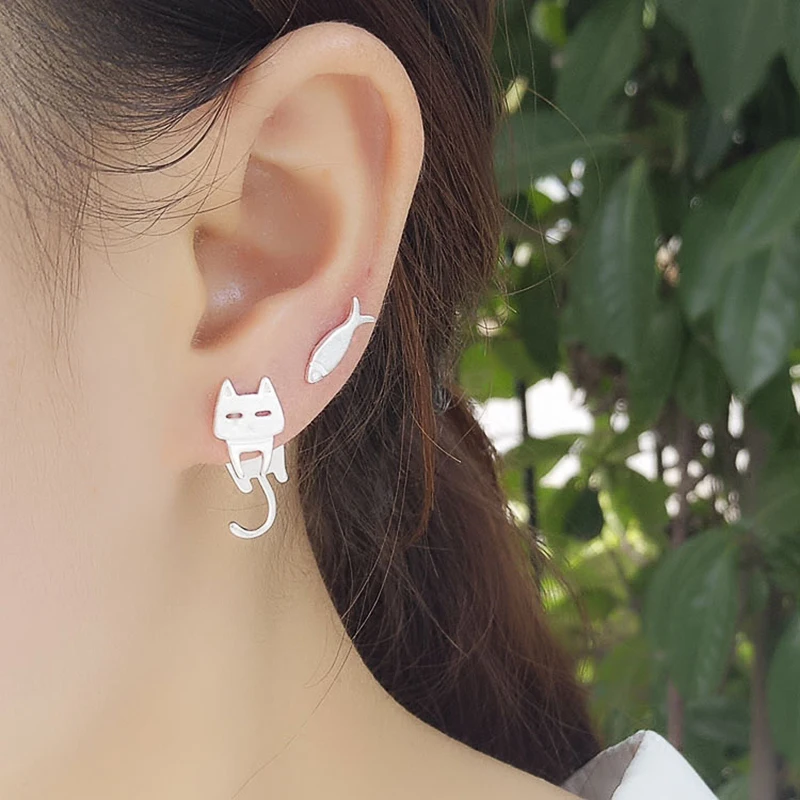 Huitan Cute Cat and Fish Stud Earrings for Women Asymmetric Design Unusual Earrings Girls Gift Female Fashion Jewelry Wholesale - Image 2