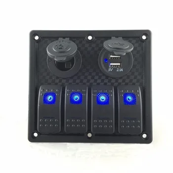 

4 Gang Boat Rocker Switch Panel with Fuse Dual USB Slot LED Light + Power Socket Breaker Voltmeter for RV Marine Car Boat