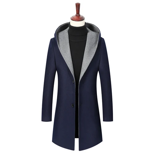 Holyrising, мужские шерстяные пальто, с отложным воротником, с капюшоном, Мужское пальто, тонкое, Chaqueta Larga, теплое пальто, Casacos, на молнии, мужская одежда 19011-5 - Цвет: Navy Blue