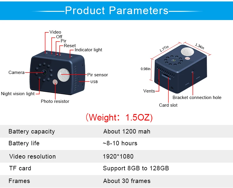 Мини-камера с функцией обнаружения движения, PIR камера с разрешением 1080 P, мини-видеокамера с ночным видением, маленькая камера с длительным режимом ожидания, 30 дней, поддерживает 128 ГБ, TF карта