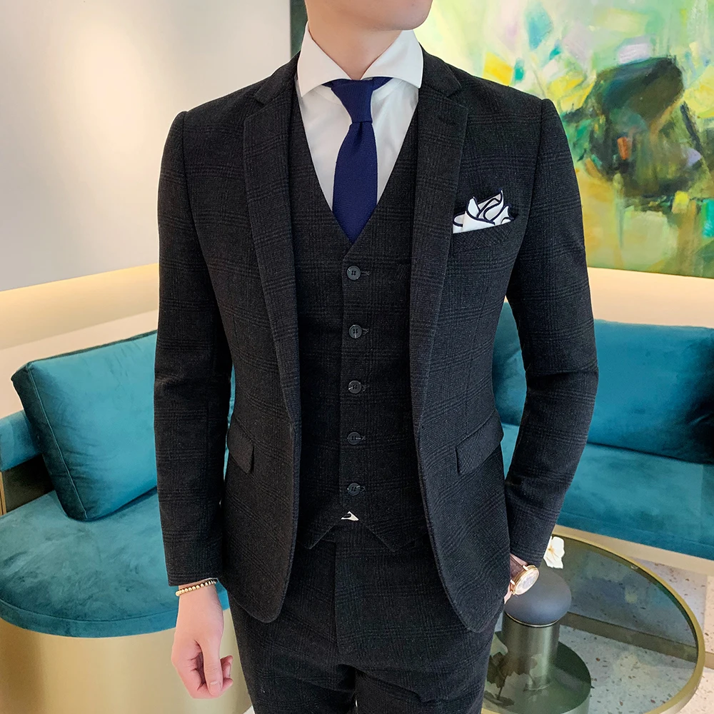 

Мужские костюмы YIWU MEN SA, красивые черные клетчатые деловые костюмы, приталенные повседневные смокинги для выпускного вечера и курения, Нежные мужские костюмы