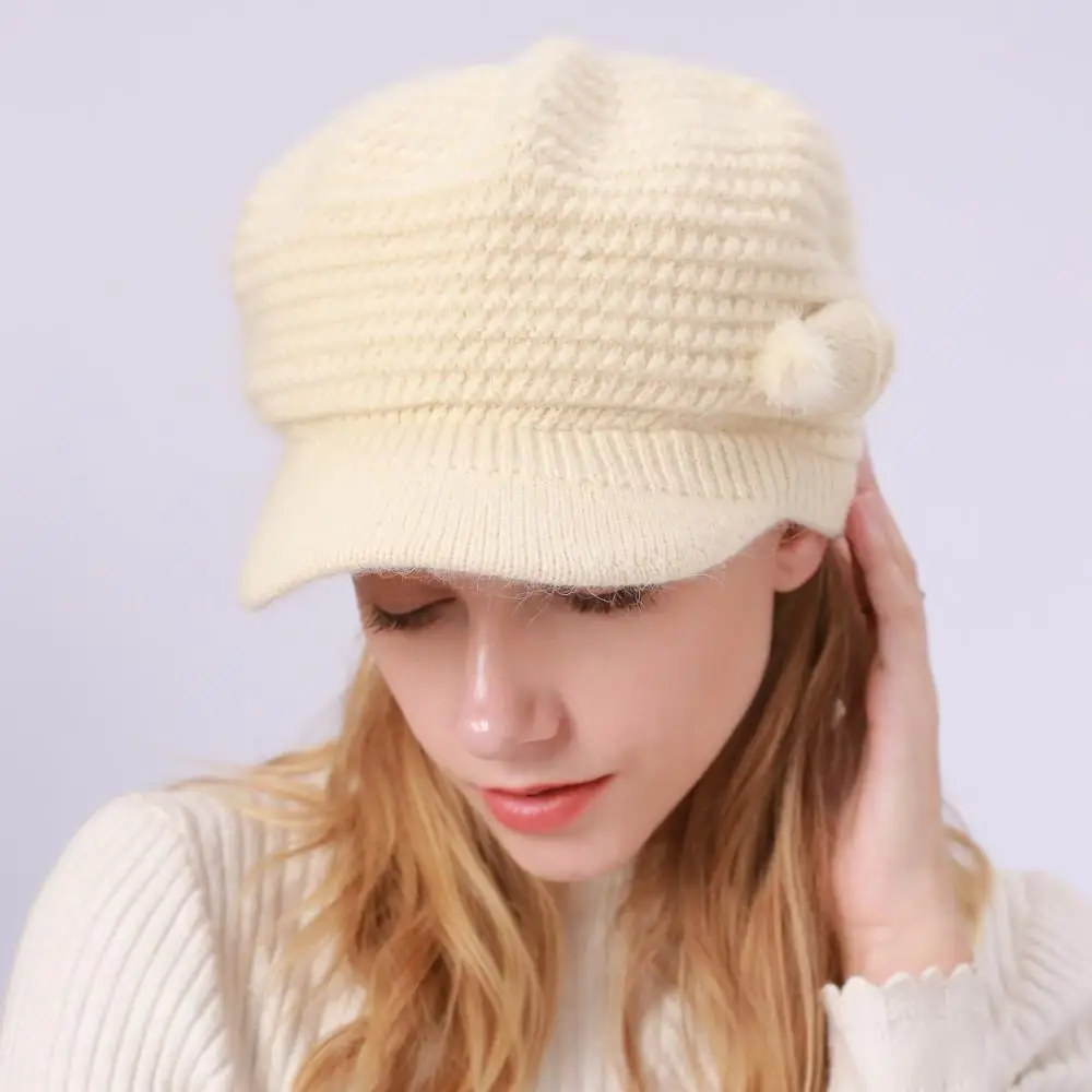 Женская осенне-зимняя шапка в европейском стиле, новинка года, однотонная вязаная шапочка, теплая уличная шапка из кроличьей шерсти с плюшевой подкладкой - Цвет: Бежевый