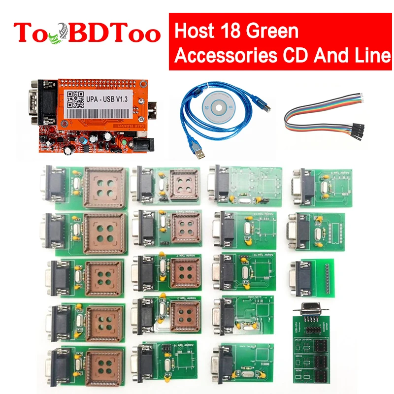 

High Quality UPA V1.3 USB Programmer Full Adaptors With NEC Function With Host 18 Green Accessories CD And Line