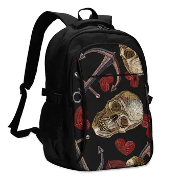 

Backpack USB Charge Women Embroidery Human Skull Anchor And Heart Student Backpack Letters Print School Bag Teenager Backpack
