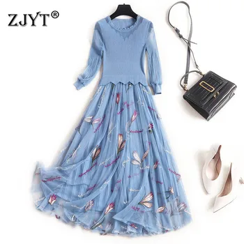 

Summer New 2020 Europe Fashion Women Dress Elegant Lantern Sleeve Flower Embroidery Mesh Patchwork Sexy Party Dresses