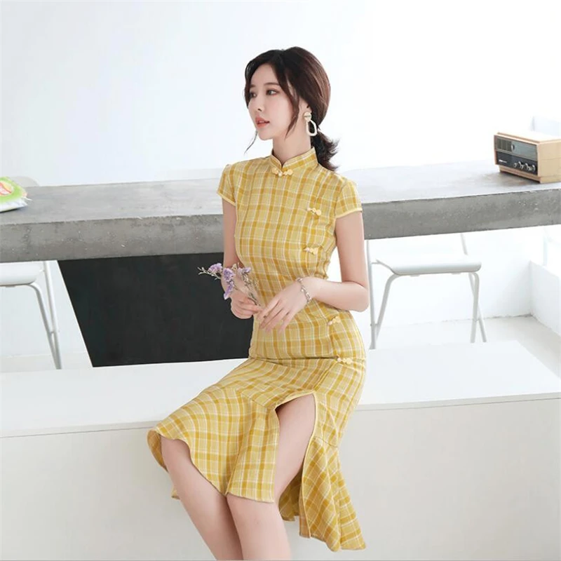 

2019 Chinese style sexy evening dress yellow pink blue ladies modern qipao elegant chinese clothing store cheongsam orientale