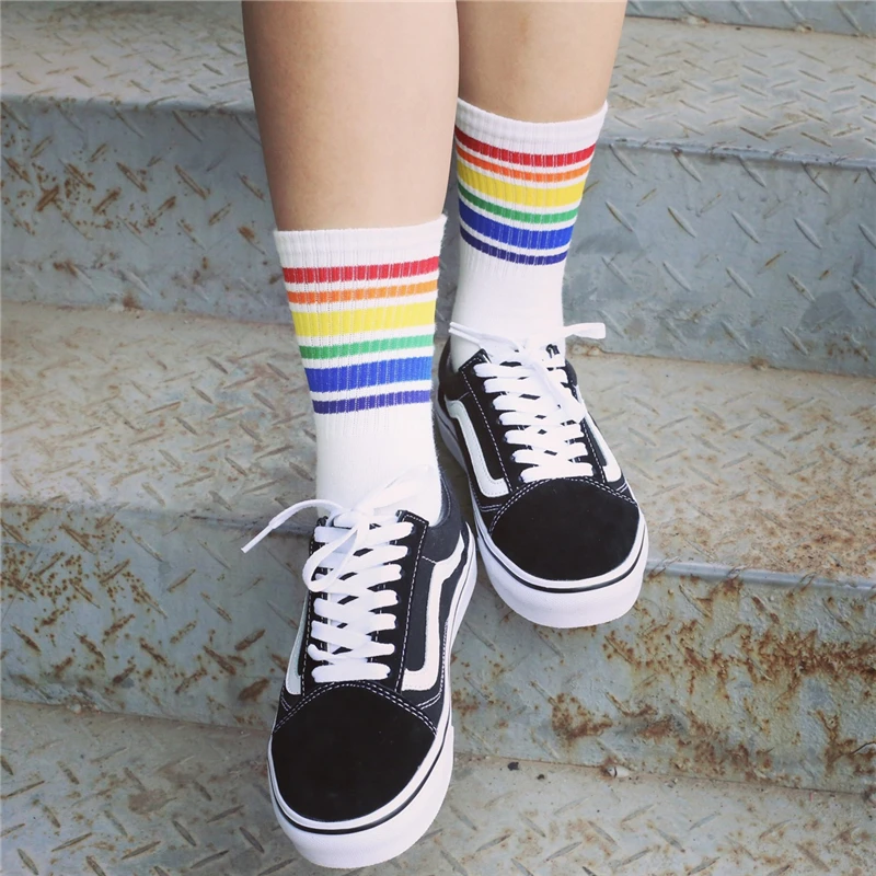 Harajuku Cool Skateborad короткие носки в радужную полоску женские и мужские модные белые