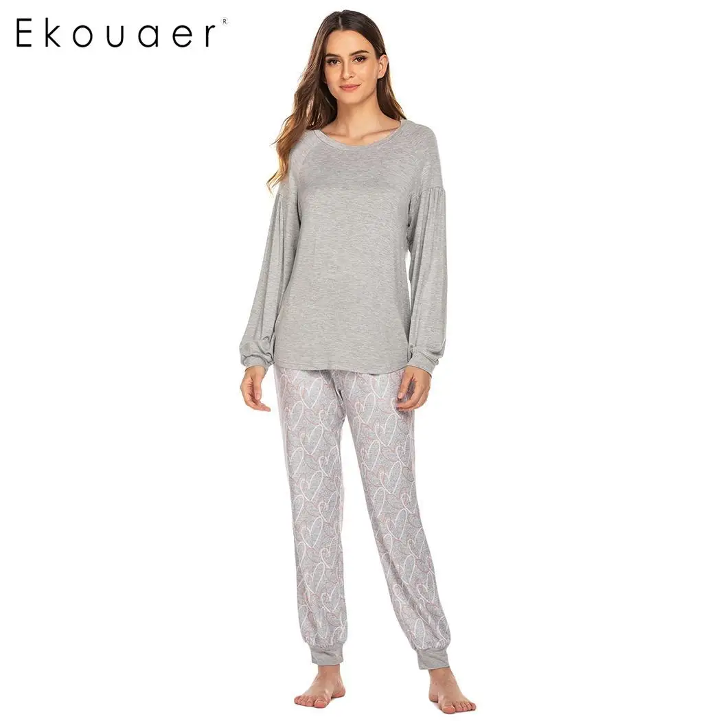 Ekouaer/женская зимняя пижама из двух предметов, Пижамный костюм с круглым вырезом и длинными рукавами, домашняя одежда, пижамный комплект, женская ночная рубашка