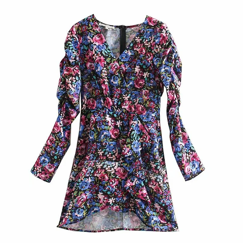 

RR Prairie Chic V Neck Dresses Women Fashion Asymmetrical Printed Dress Women Elegant Puff Sleeve Mini Dresses Female Ladies LM