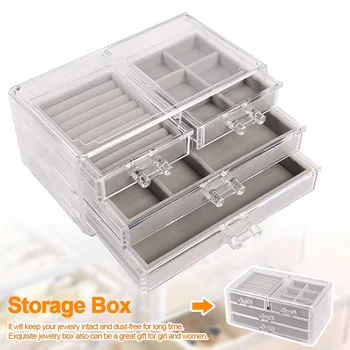 

Stand Tray For Women Clear Organizer Acrylic Jewelry Box Protable Rings Necklaces 4 Drawers Storage Holder Desktop Display Case