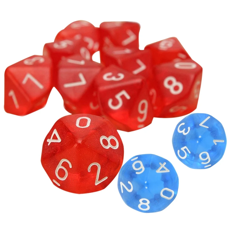 

20 Pcs Dices D10 Ten Sided Gem Dice Die for RPG Dungeons&Dragons Board Table Games, 10 Pcs Transparent Red & 10 Pcs Transparent