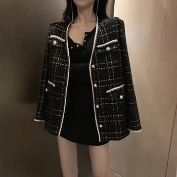 

Hi Girl Women Spring Korean Designer Woolen Jacket Vintage Sweet Black Plaids Loose Mid Long Outerwear Women Clothing