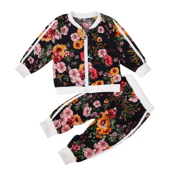

ZWY500 Fashion Kids Fall Clothes Sets 2pcs Flower Printed Long Sleeve Zipper Jacket Tops+Trousers Pants