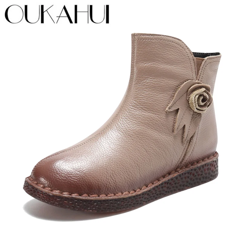 

OUKAHUI Handmade Genuine Leather Winter Soft Boots Winter Retro Female Boots For Women With Flowers Warm Flat Ladies Short Boots