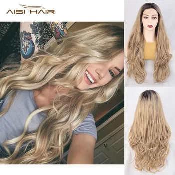 

I's a wig Ombre Long Wavy Lace Front Wig Brown Synthetic Lace Wigs for Women Middle Part Nature Cosplay Wigs
