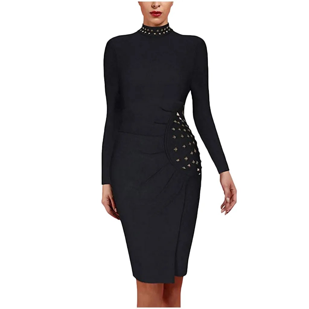 

KANCOOLD DRESS Womens Ladies Sexy Slim Round Neck Long Sleeve Rivet Mini Dress Party Formmal fashion new dress momen 2020jan20