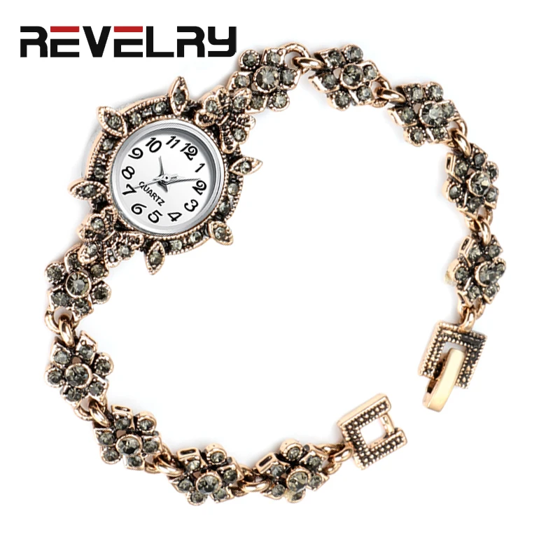 Роскошные Брендовые женские кварцевые наручные часы, античное золото, турецкие серые стразы часы с винтажным браслетом, Женские Ювелирные изделия, новинка