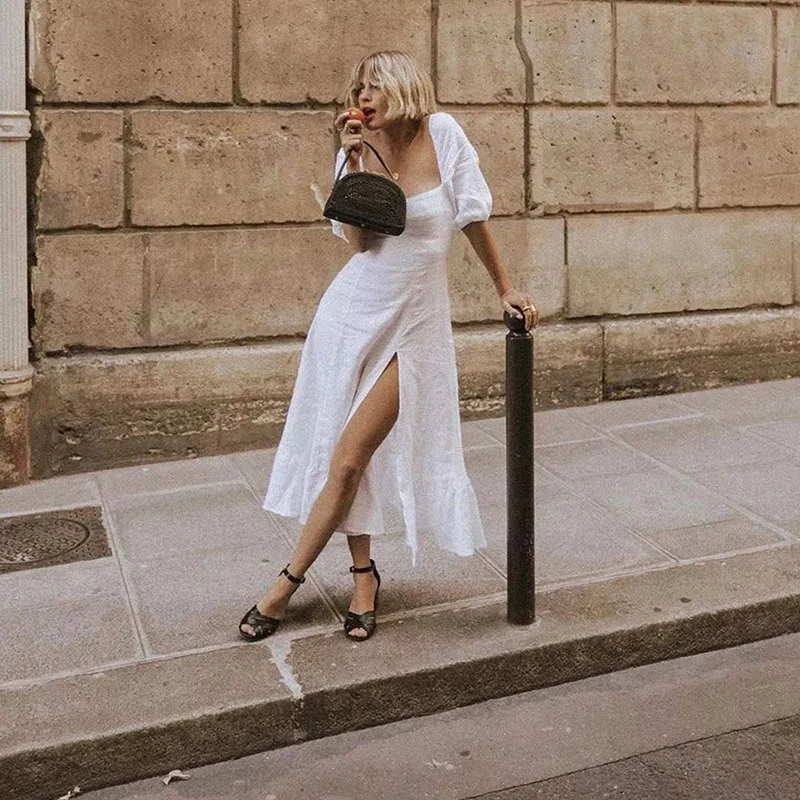 

2019 Autumn Vintage White Dress Women Fashion Solid Square Collar A-line Sexy Side Split Party Holiday Women Dress Vestidos Robe