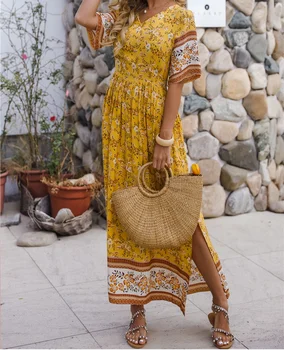 

2020 New Wind Wear Cover Up Wind One-Piece Beach Skirt V-Neck Print Long Dress Summer Sexy Bathing Suit Bikini Swimming Wear