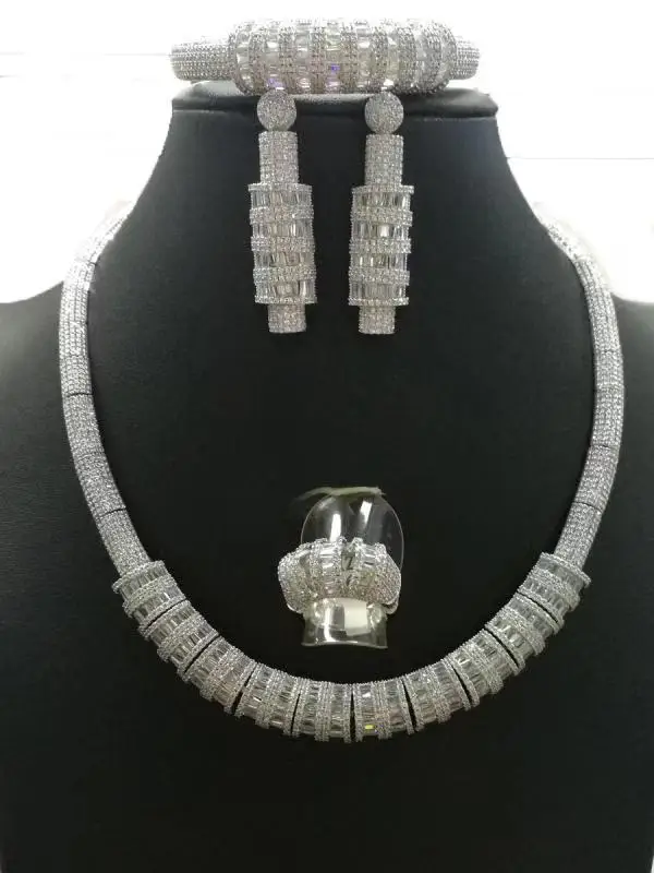 Platinum plated Accking Роскошные модные дизайнерские 4 шт. для женщин вечерние ожерелье Дубай кольцо браслет серьги CZ Кристалл Свадебные Ювелирные наборы - Окраска металла: Platinum plated