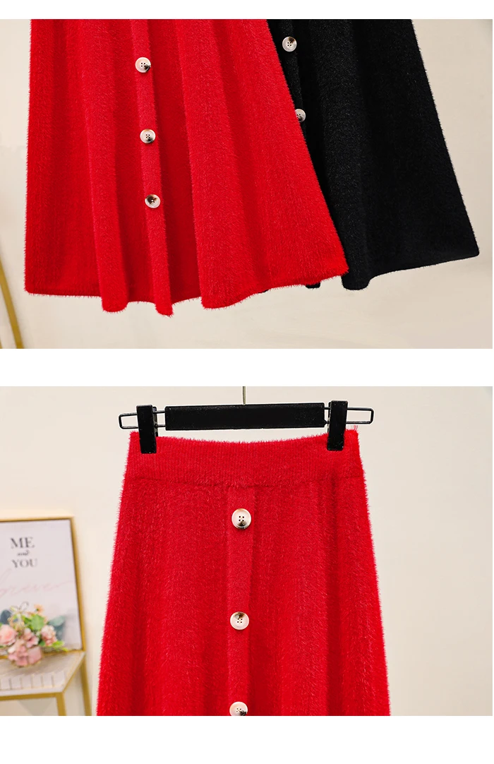 Black Red Knitted Long Plus Large Size Oversize Korean Style Fashion Autumn Women'S Clothing Vintage 2021 High Waist Skirts Skirts