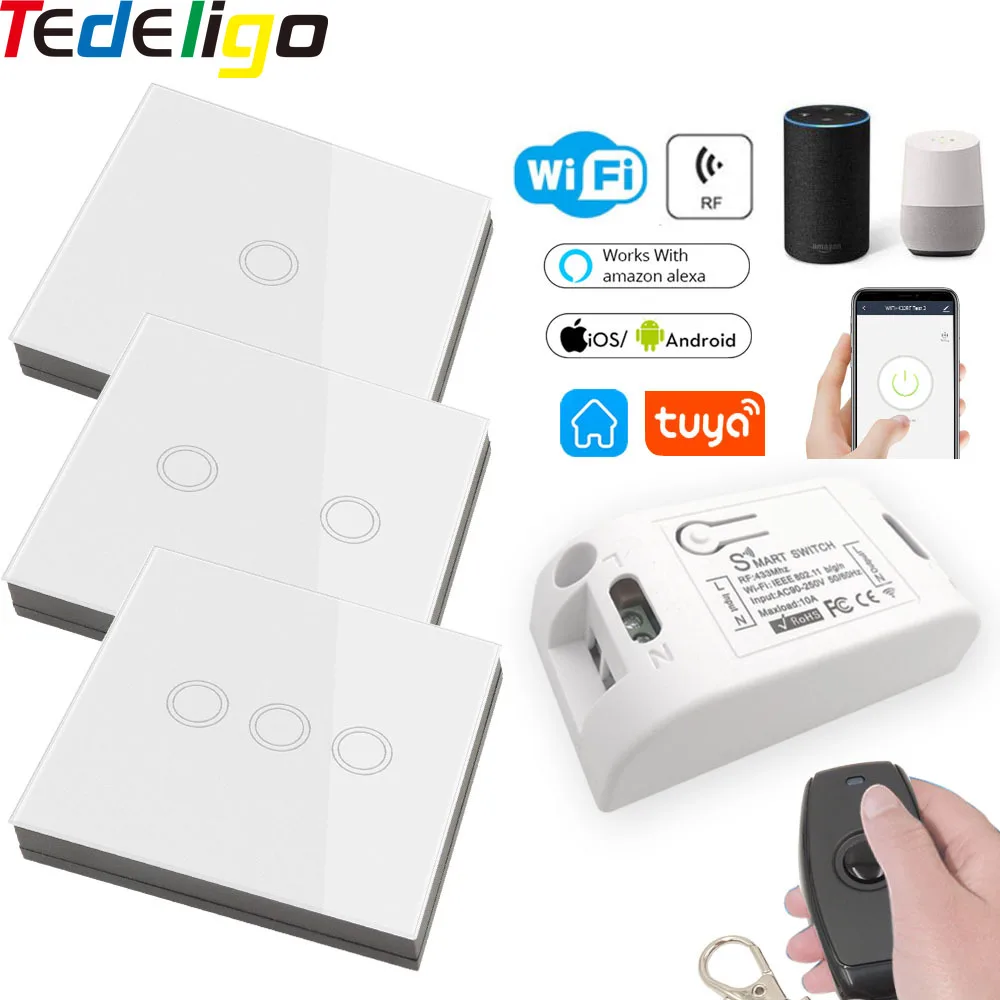 Tuya WiFi и 433MHz умный выключатель света Rf беспроводной стеклянной панели настенный