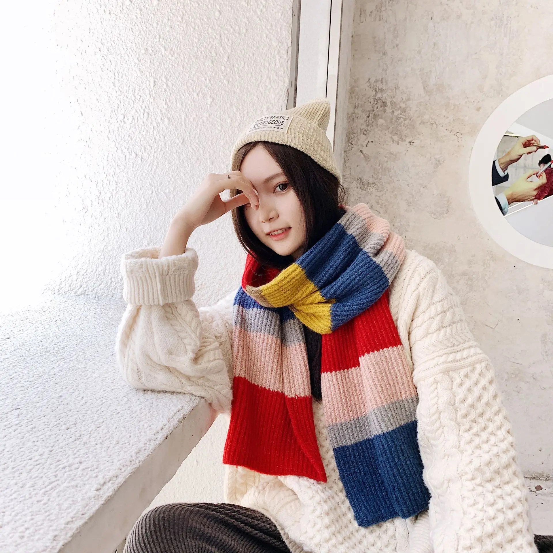 

New Woven Thick Knitted Wool Multicolor Rainbow Color Matching Bib Scarf Shawl Bufandas Invierno Mujer Trending Products 2020