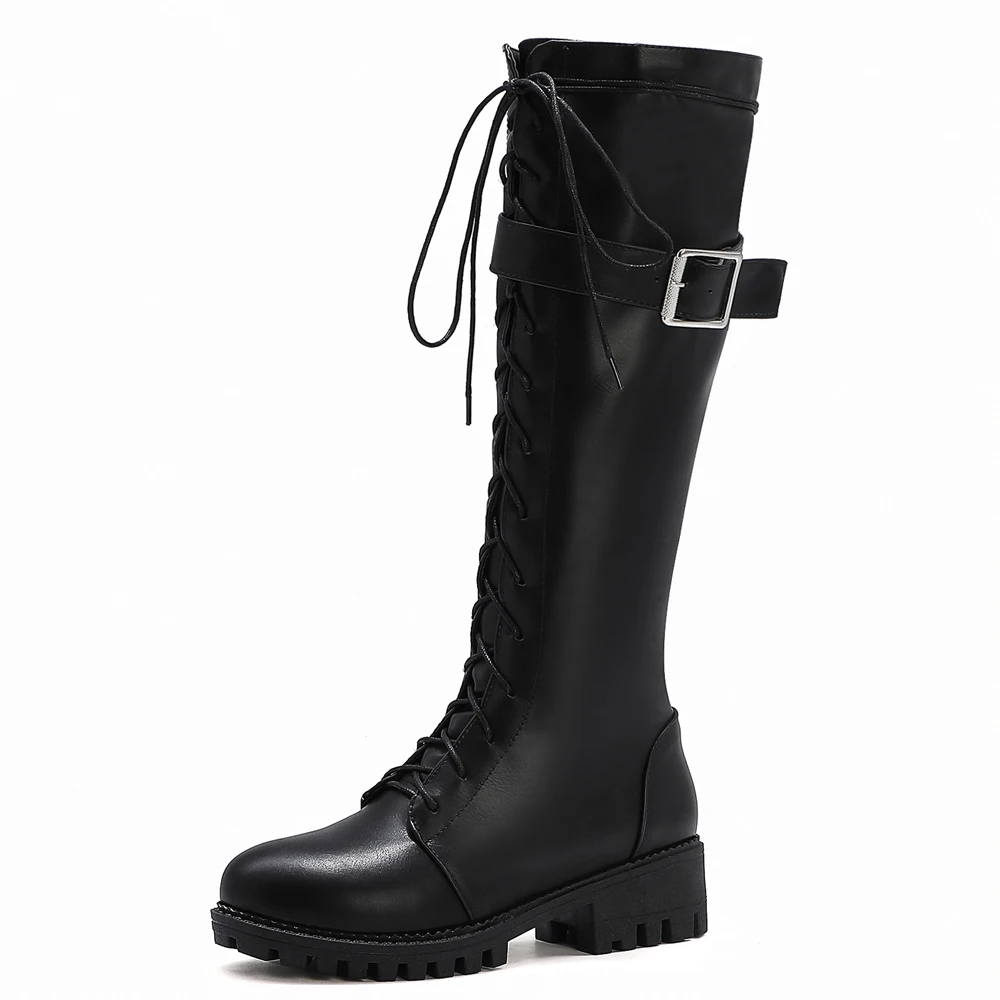 

2020 New Belt Buckle Cross Strap Boots Square Heel PU Rider Boots TPR Short Plush Round Toe Knee-Length Boots