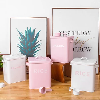 

Rice Storage Bucket with Scoop Grain Iron Container Laundry Powder Box bin Bread Snack Pet Food Sealed Storage Box Tin With Lid