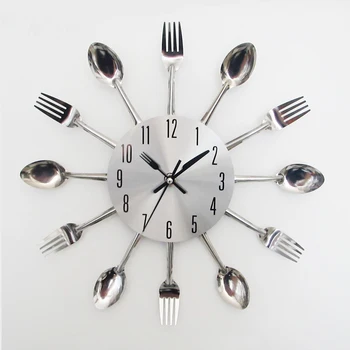 

Sliver Cutlery Kitchen Utensil Wall Clock Watch Spoon Fork Clock Home Office Creative Decoration Relogio De Parede