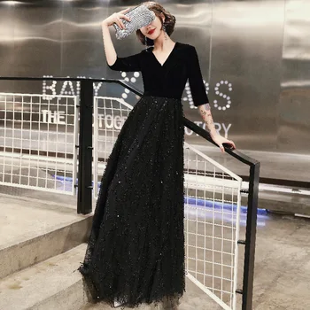 

Vestidos De Fiesta 2020 New Simple Shiny Lace Evening Dress Long V-Neck Princess Evening Gown A-Line Female Formal Dress