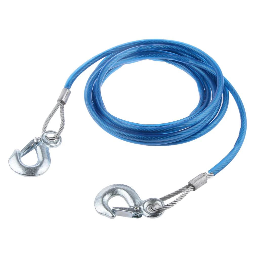 4M 3 Tons Car Tow Cable Steel Towing Cable Hooks Emergency Heavy Duty