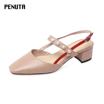 

2020 PENUTA Slingback Sandals Mid Heel Ladies Summer Shoes Square Toe Women Pearl Sweet Shoes Genuine Leather Footwears X0039