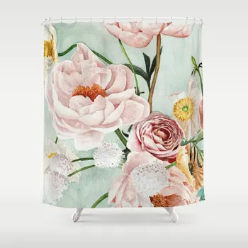 

Pastoral Blue Oval Peonies Poppies Shower Curtain Waterproof Bathroom Decor Printed Bathroom Curtain Set with 12 Hooks