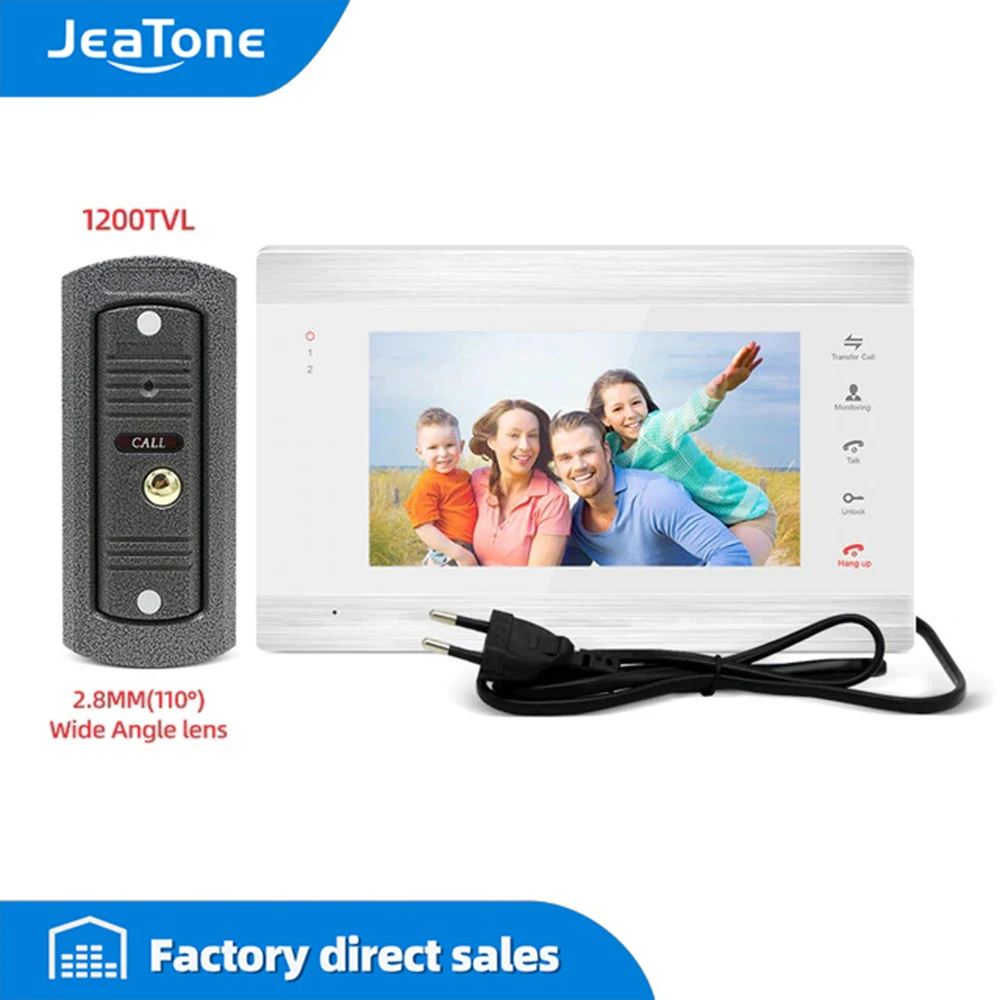 Jeatone 1200TVL Video Door Phone System for Home Wide Angle Doorbell 7 inch Monitor with Memory Card support motion detection