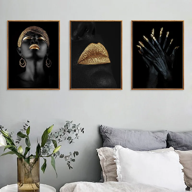 Beautiful Black Women Girl Golden Lips Decorative Painting Living Room Bedroom Corridor Canvas Poster Printing | Дом и сад