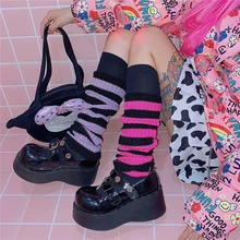 Y2K – chaussettes Goth rayées pour femmes, chauffe-jambes des années 2000, mignonnes, Jk, extensibles, longueur aux genoux, Cool, Hipster, chaudes, en tricot, à la mode