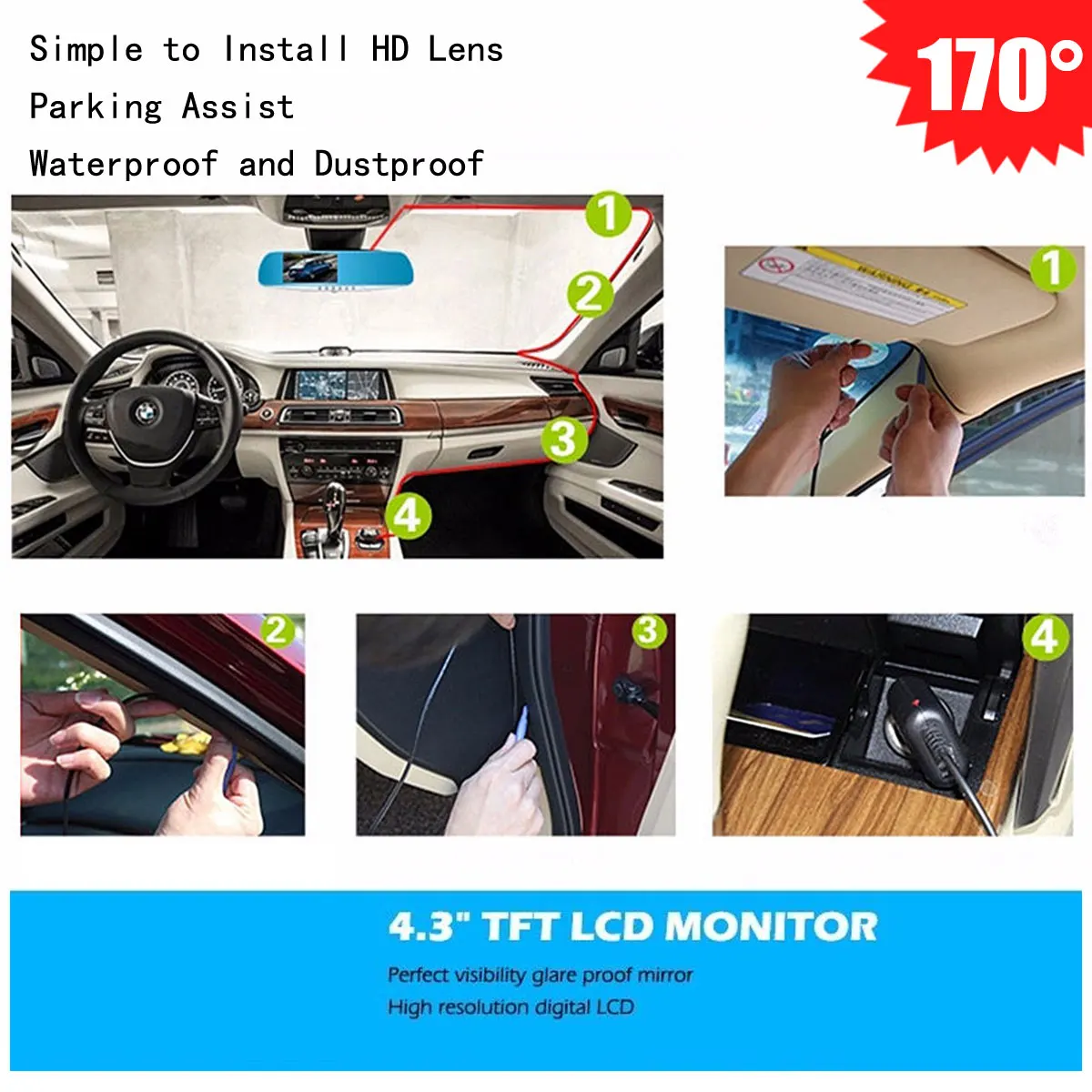 4,3 ''HD 1080P Автомобильный видеорегистратор, зеркало переднего и заднего вида, цифровой видеорегистратор с двумя линзами, видеорегистратор ночного видения