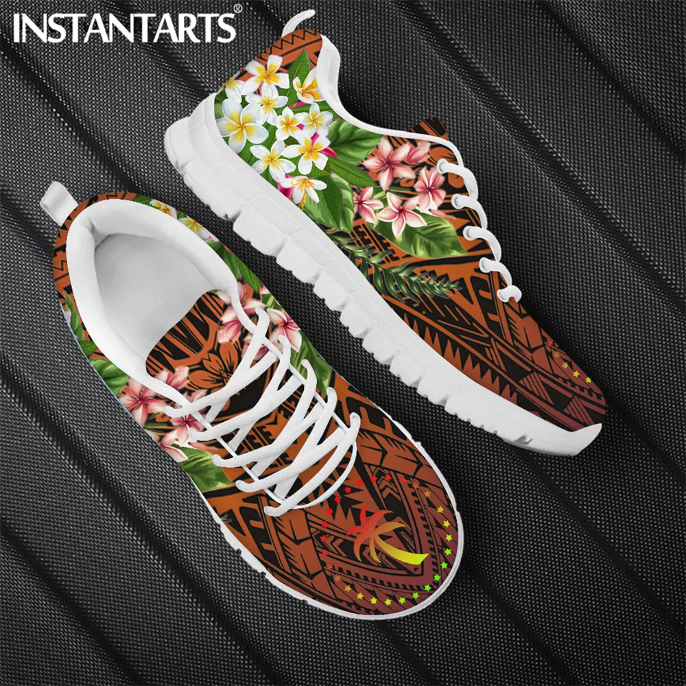 INSTANTARTS Chuuk Polynesian Tribal Hibiscus Plumeria Print Spring Hawaii Sneaker Women Flats Footwear Lace Up Walking Shoe 2021 