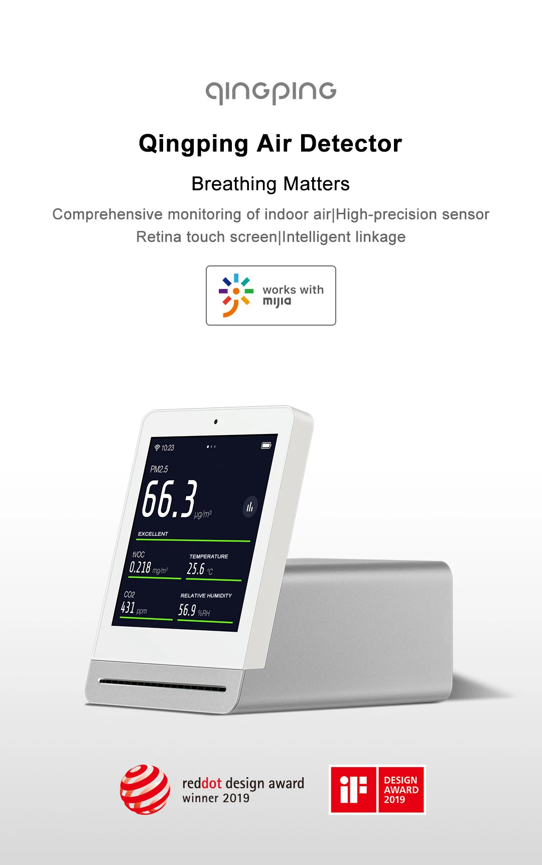 Original Xiaomi Qingping Air Detector work with Mijia Intelligent Homekit Smart Home Control Weather Station Reddot Award xiomi