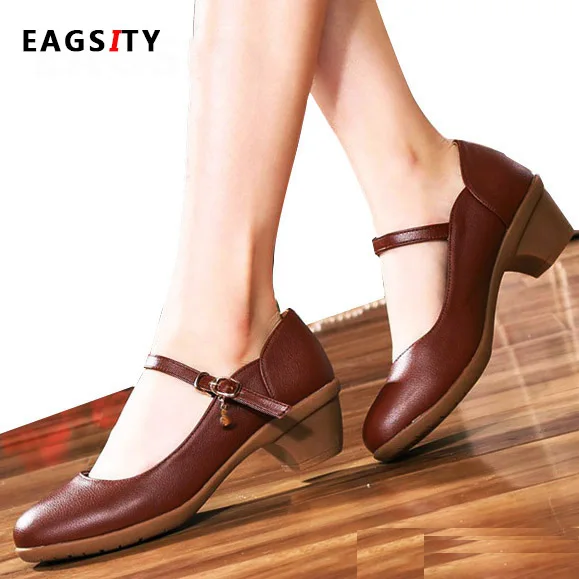 EAGSITY-zapatos de tacón cuadrado de piel sintética para mujer, calzado retro con correa en el tobillo, punta redonda, zapatos de baile, fiesta, trabajo, tacón de - AliExpress Calzado